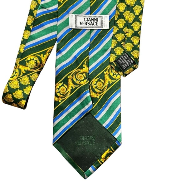 Authentic VERSACE 100% Silk Gold Blue & Green Scroll Stripe Men’s Neck Tie - Picture 6 of 8